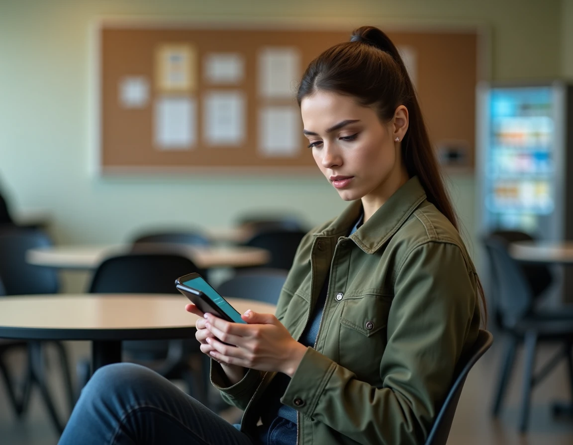 Jeune employée consultant son espace self service Keolis Orléans sur smartphone dans la salle de pause