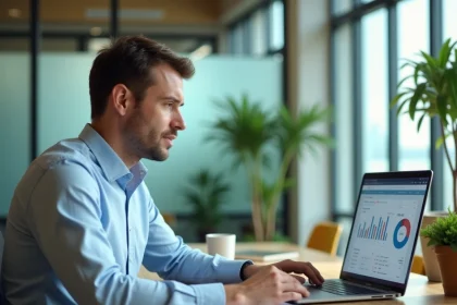 Coopérateur consultant son espace personnel Terciel mon compte sur un ordinateur portable dans un bureau coopératif moderne
