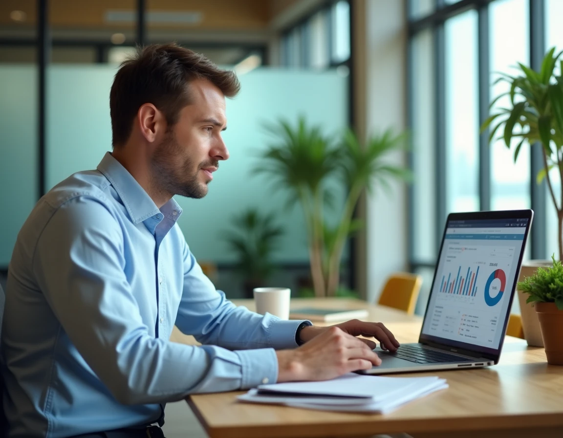 Coopérateur consultant son espace personnel Terciel mon compte sur un ordinateur portable dans un bureau coopératif moderne