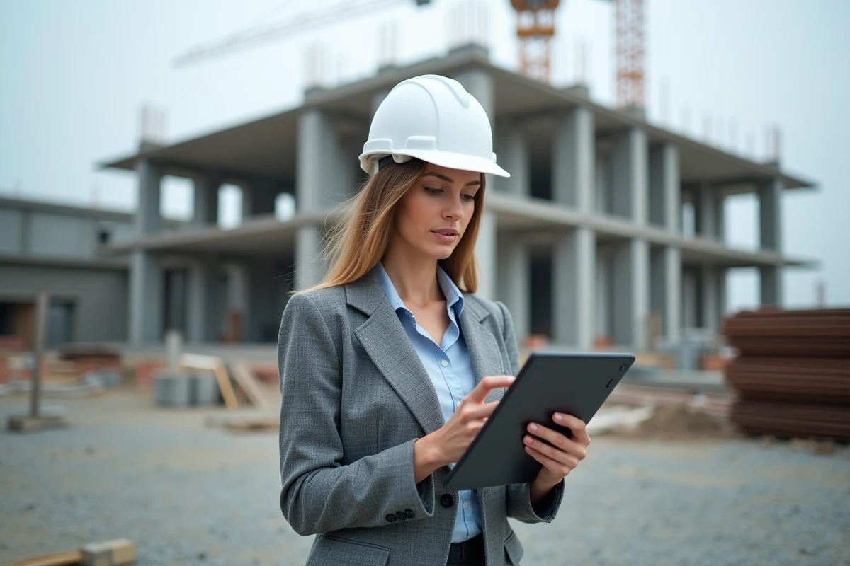 Coordinatrice de projet BTP utilisant une tablette numérique pour gérer les documents administratifs sur un chantier de construction