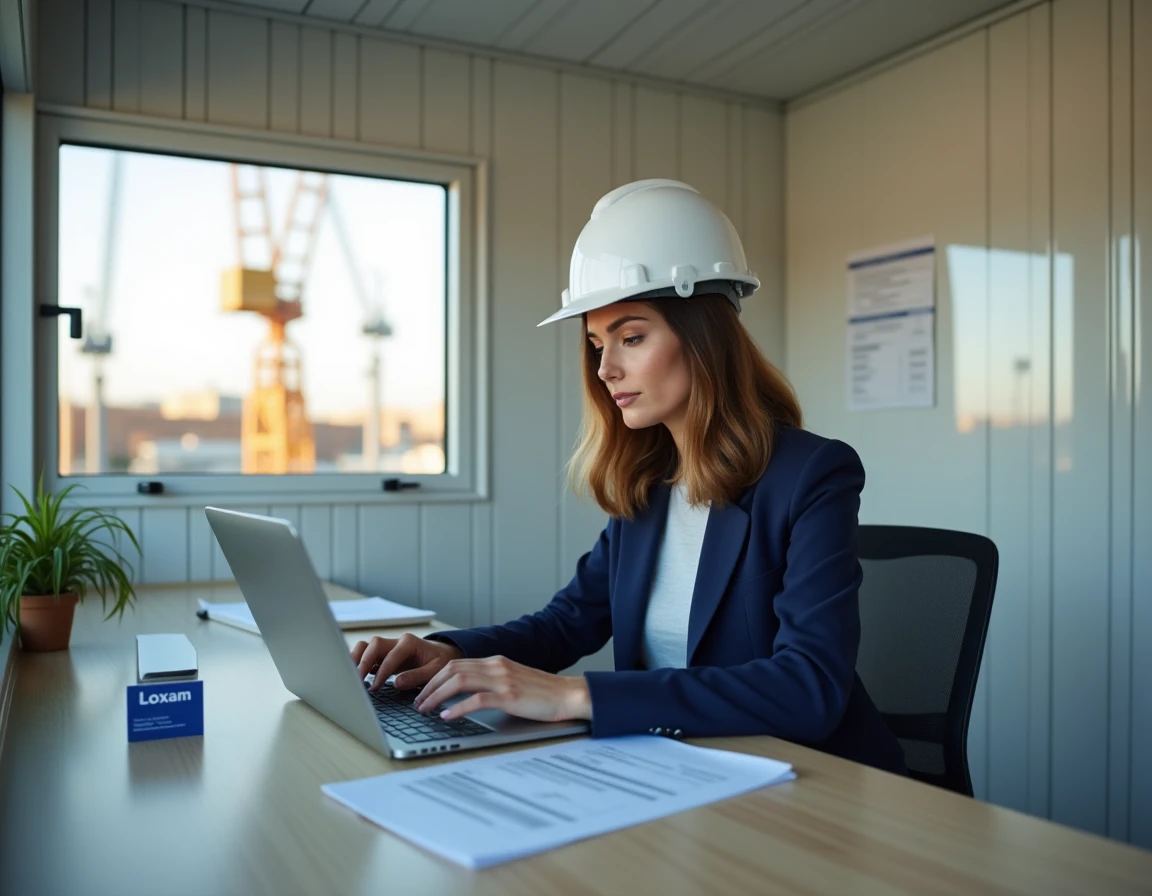 Coordinatrice de projet utilisant sa carte de visite Loxam dans un bureau de chantier préfabriqué
