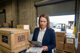 Coordinatrice logistique vérifiant une liste de livraisons dans le quai de chargement d'un salon professionnel