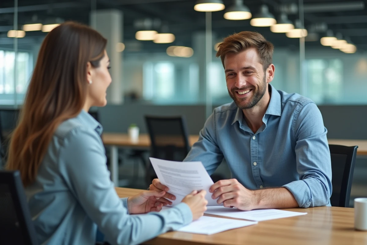 Conseillère du CSE Dassault expliquant les aides exceptionnelles à un salarié dans un bureau d'entreprise moderne