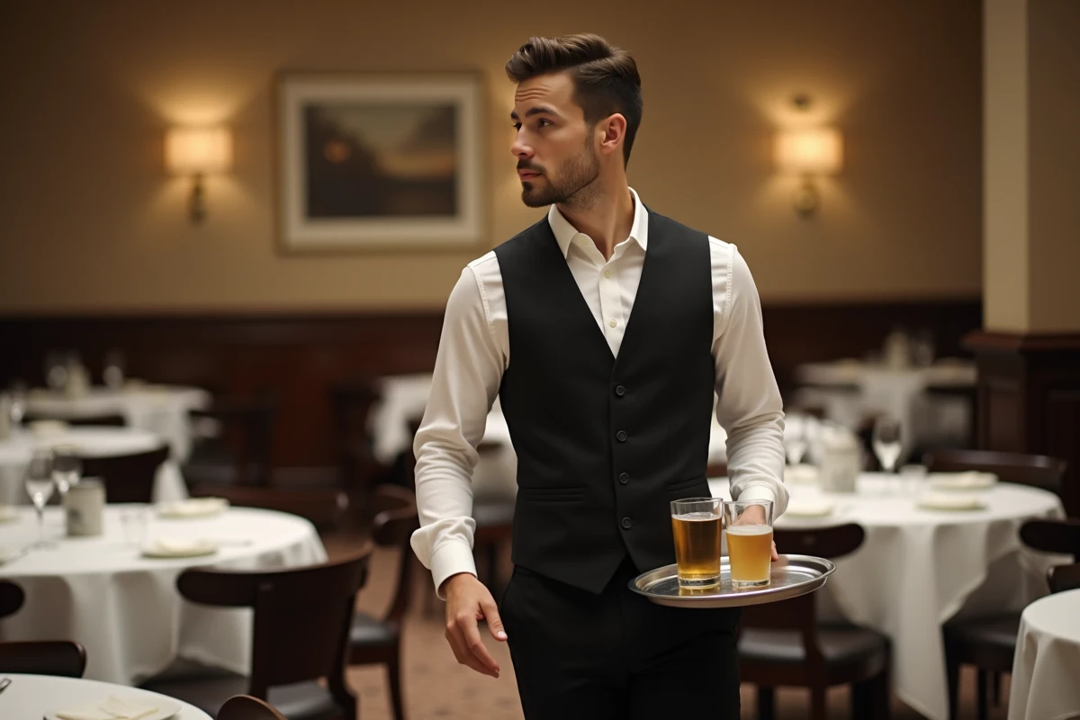 Jeune homme serveur en restaurant d'hôtel portant un plateau, illustrant une carrière débutante en hôtellerie restauration