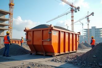 Benne de 12 m3 sur un chantier avec ouvriers et grues