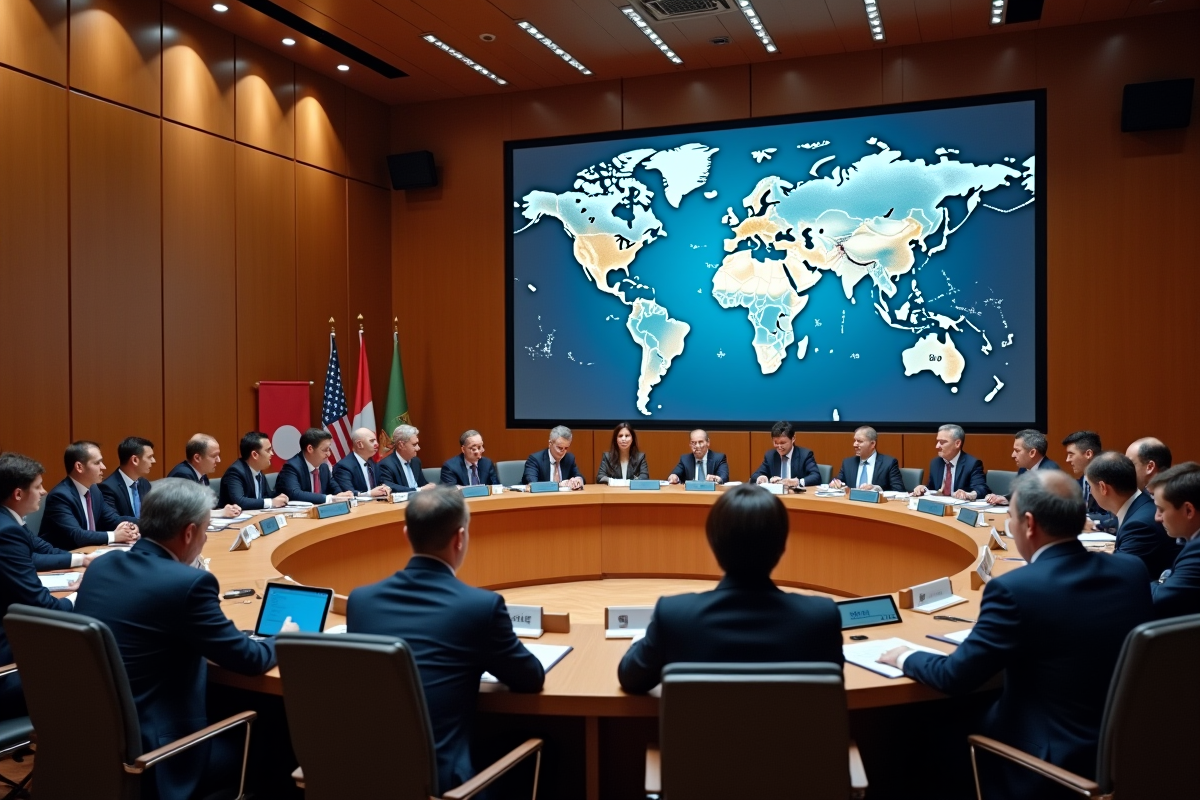 Delegues internationaux discutant autour d