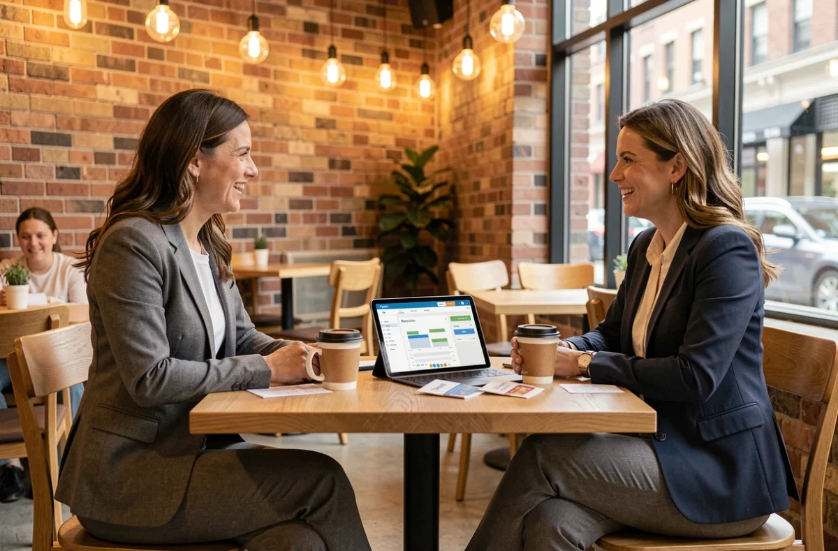 Deux femmes discutant du démarrage d'une activité Partylite autour de produits et d'un tableau de bord digital dans un café moderne