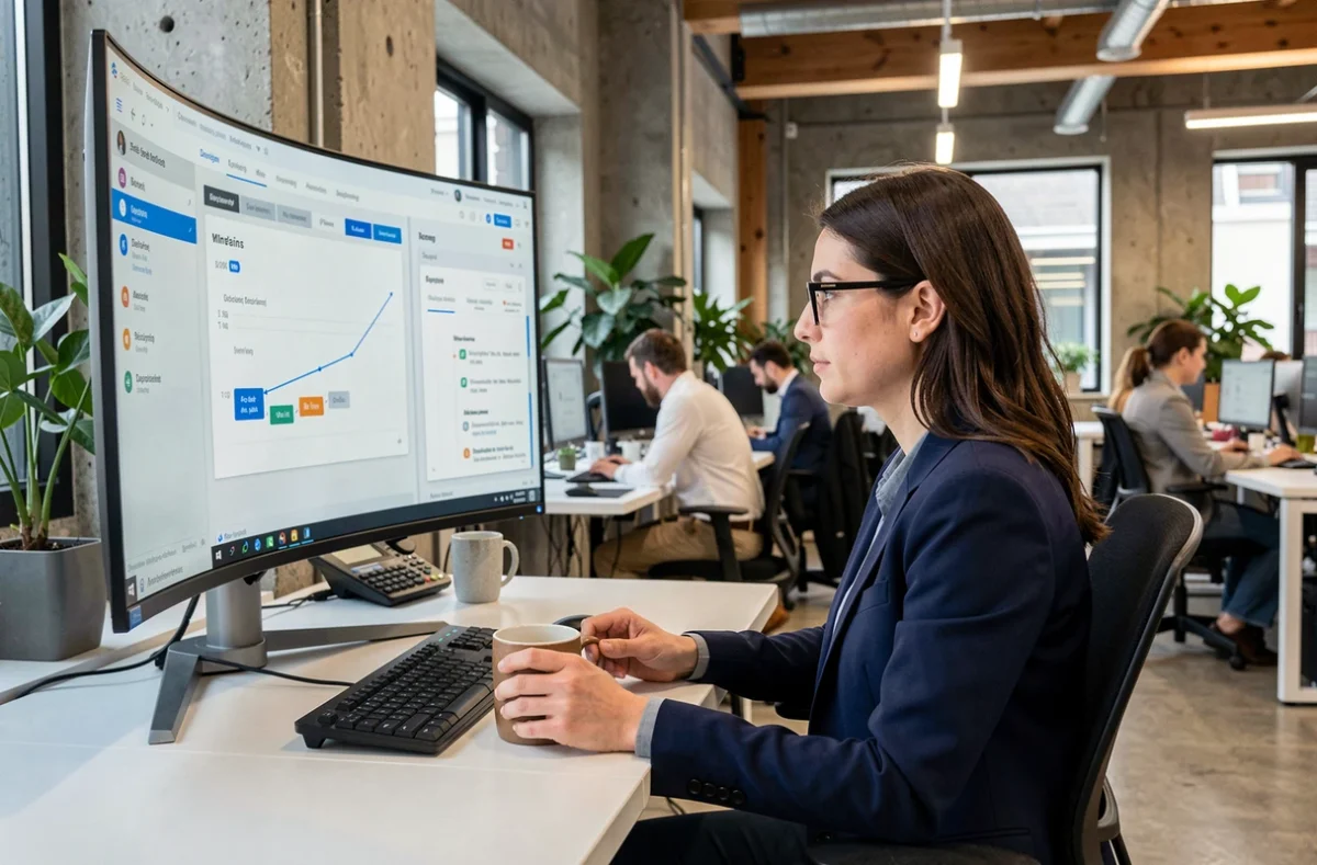 Cheffe de projet déployant un logiciel de gestion webmea flow sur son poste de travail sans interrompre l'équipe en arrière-plan dans un bureau moderne