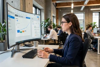 Cheffe de projet déployant un logiciel de gestion webmea flow sur son poste de travail sans interrompre l'équipe en arrière-plan dans un bureau moderne