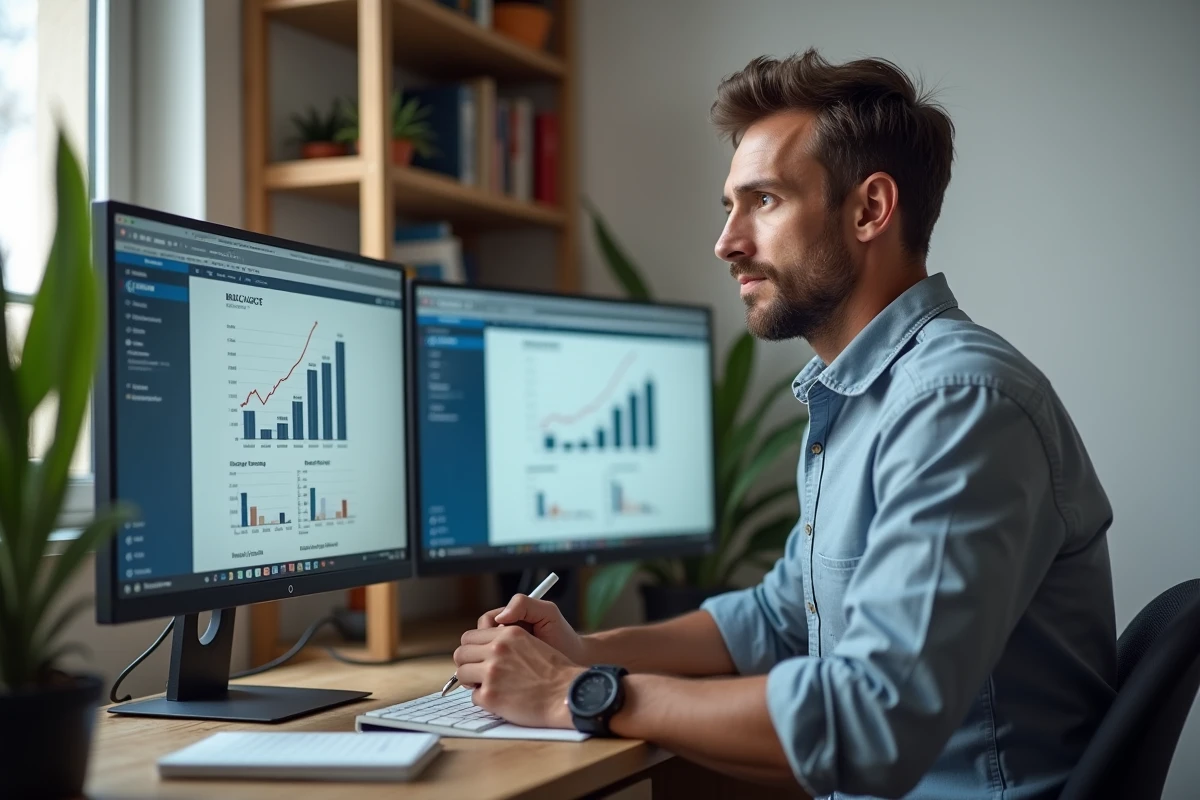 Dirigeant de PME consultant un site d'actualités business sur double écran dans un bureau à domicile