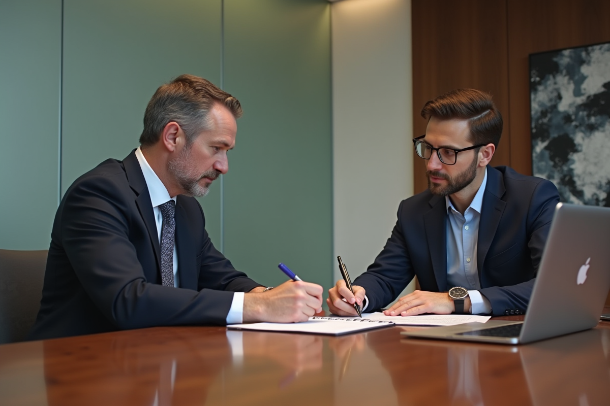 Deux hommes discutent et annotent un contrat au bureau