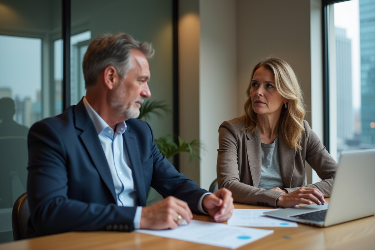Deux professionnels discutent dans un bureau moderne
