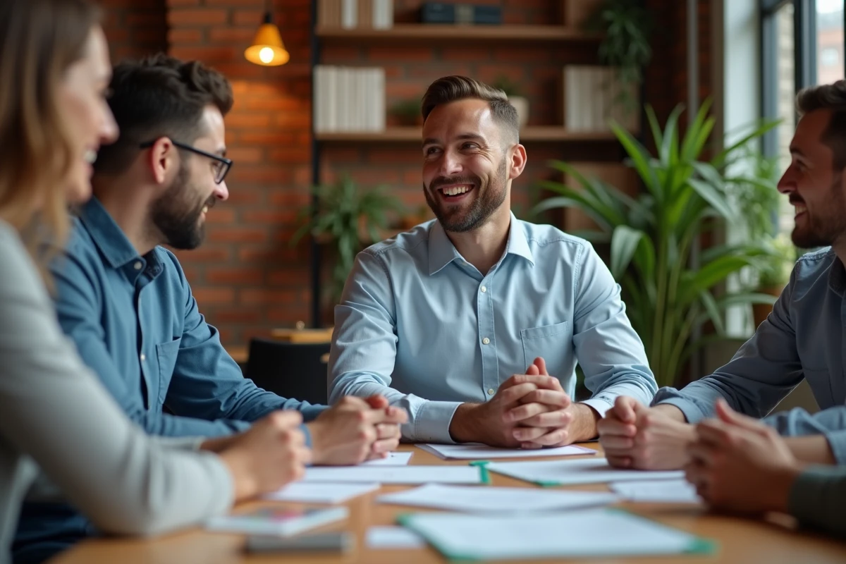 Groupe de collègues en discussion dans un espace de coworking