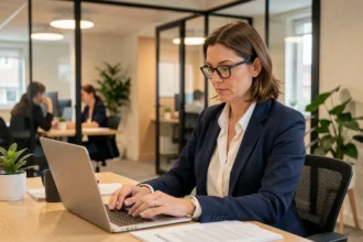 Femme dirigeante en train de compléter des démarches administratives pour domicilier son entreprise dans le Val-d'Oise