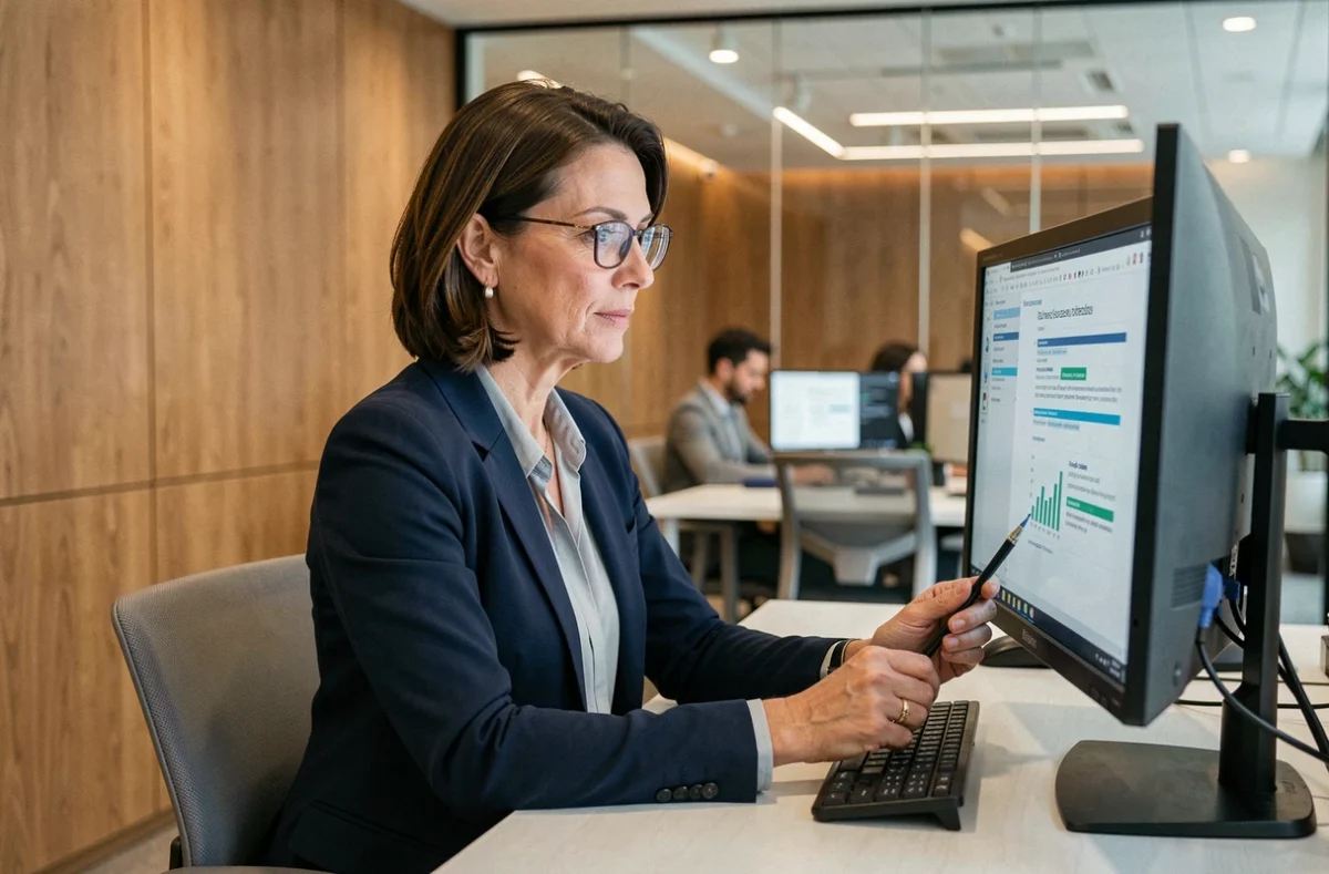 DRH femme consultant des documents RH numériques sur un écran dans un bureau d'entreprise moderne