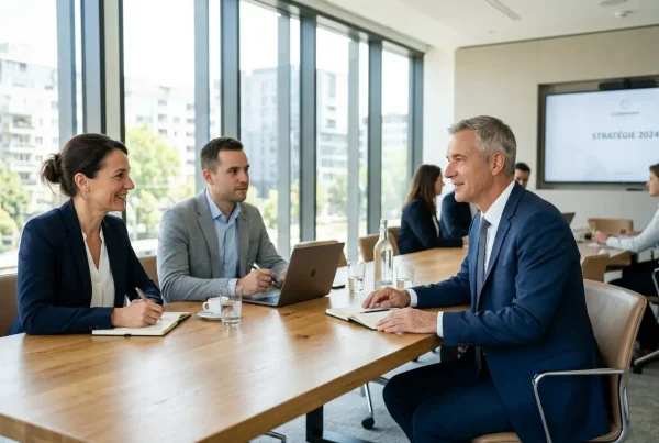 Trois professionnels en réunion autour d’une table: femme et homme en discussion, ordinateur portable et notes, ambiance de leadership et management.