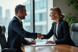 Deux professionnels en costume échangent des contrats dans une salle moderne