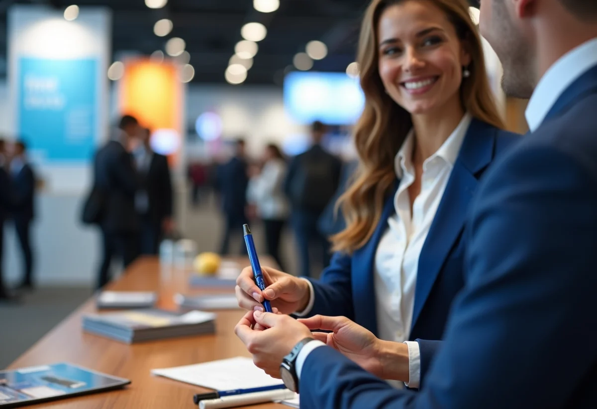 Femme professionnelle échangeant un stylo avec un homme lors d'une expo