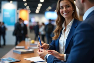 Femme professionnelle échangeant un stylo avec un homme lors d'une expo