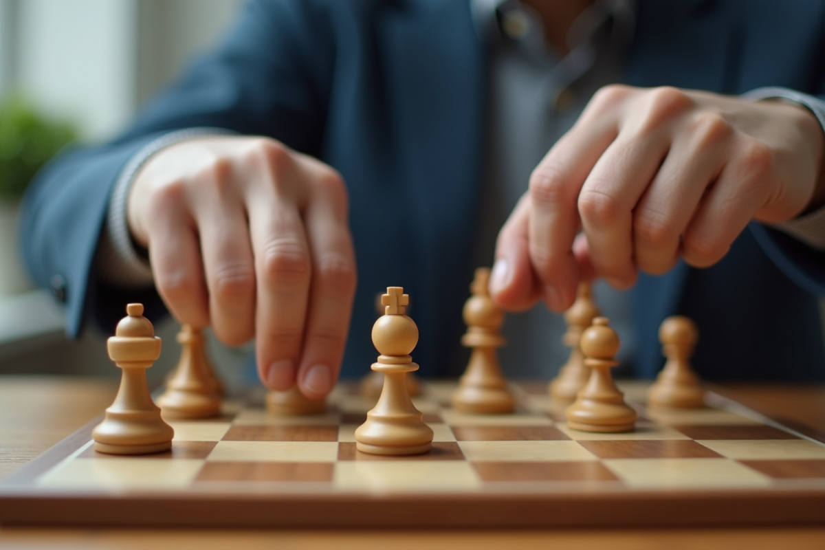 Mains plaçant des pièces d echecs sur un plateau en bois