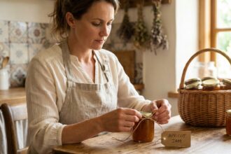 Femme attachant un emballage artisanal en ficelle naturelle autour d'un bocal de confiture maison avec étiquette kraft dans une cuisine vintage