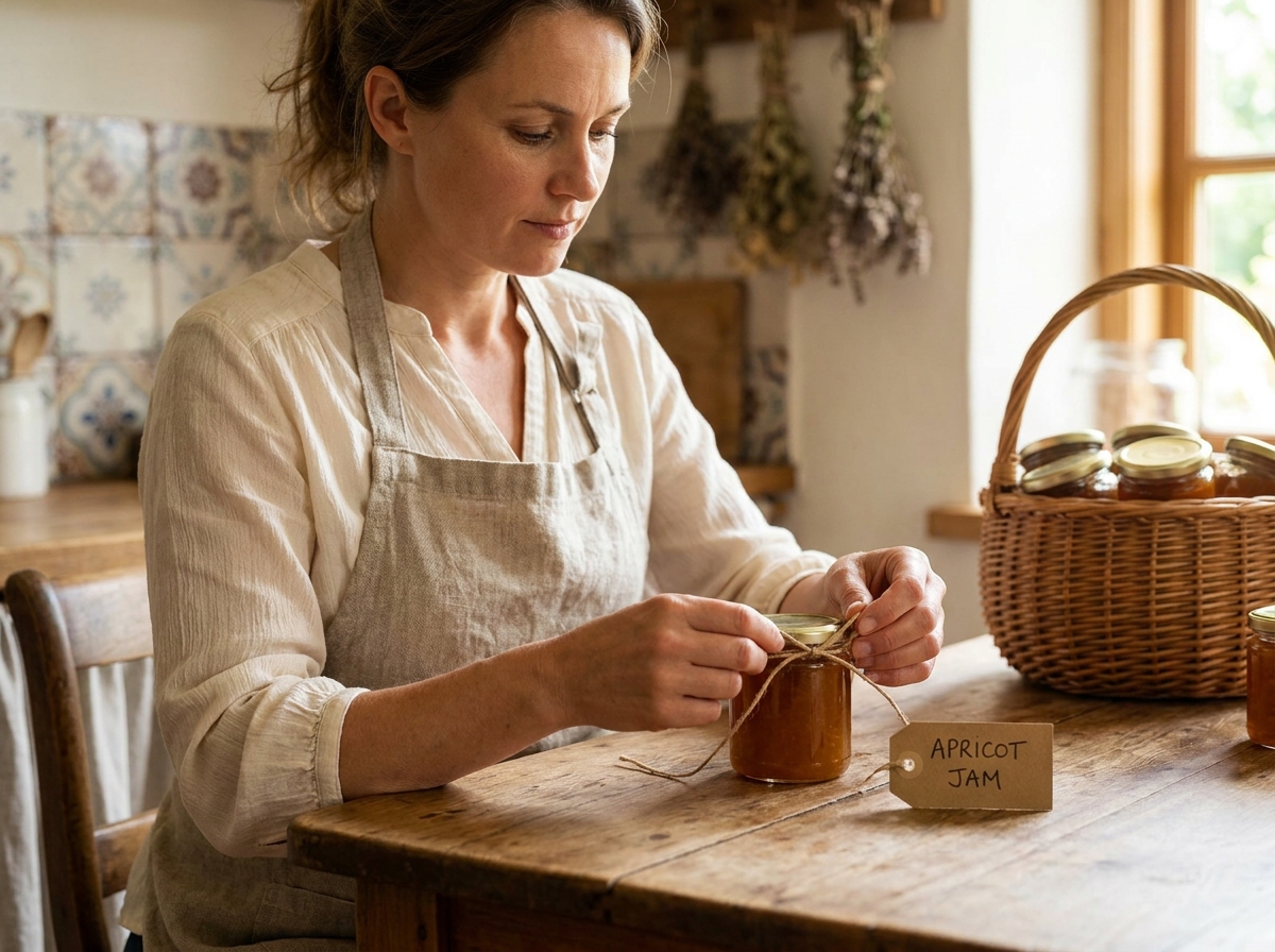 Femme attachant un emballage artisanal en ficelle naturelle autour d'un bocal de confiture maison avec étiquette kraft dans une cuisine vintage