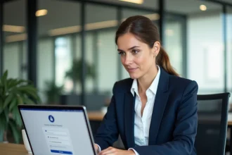 Employée de transport connectée au portail self service Keolis Orléans sur un ordinateur portable en open space