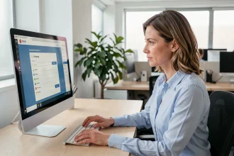 Employée La Poste consultant le portail RH GTm Extranet ou MaBoxRH sur son ordinateur de bureau au travail