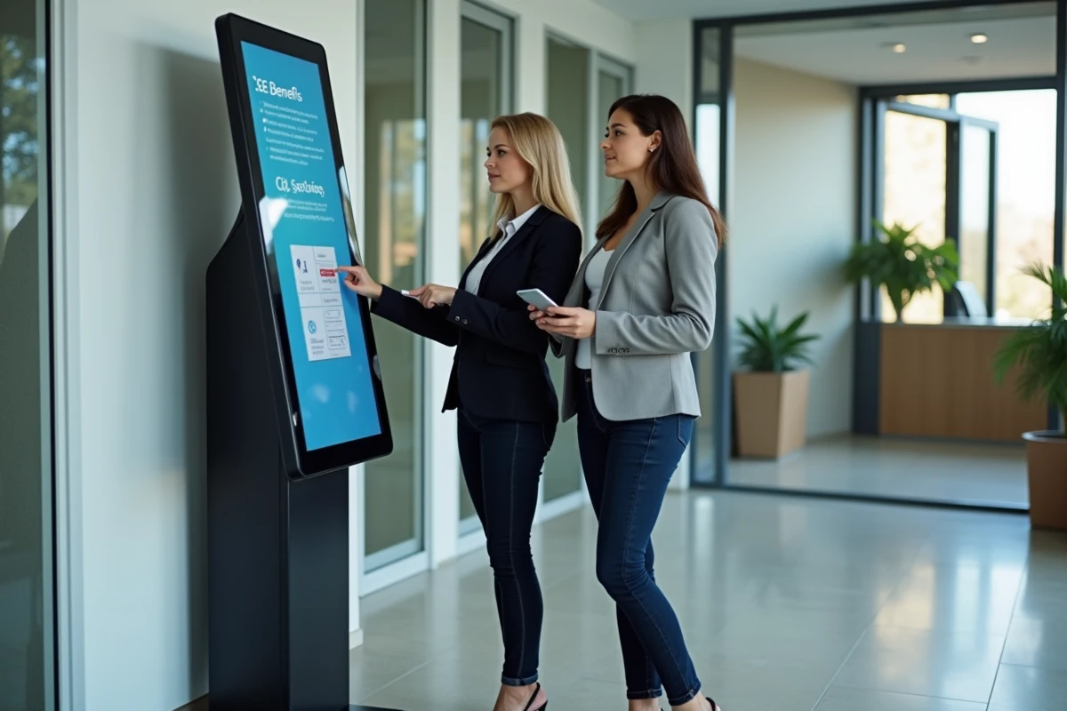 Deux nouvelles employées Chronopost consultant les services du CSE sur une borne numérique interactive en lobby d'entreprise
