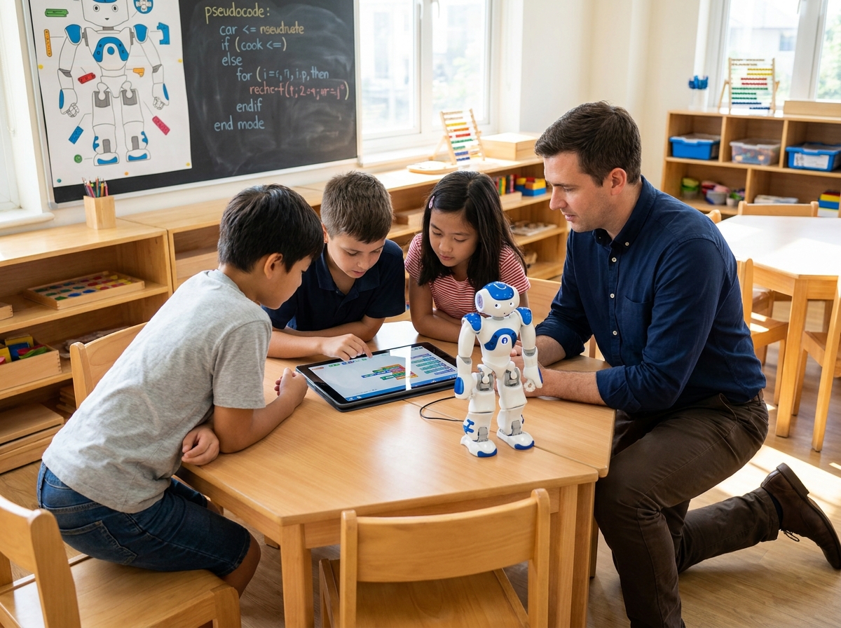 Enseignant guidant des élèves dans une activité de programmation de robot humanoïde en classe