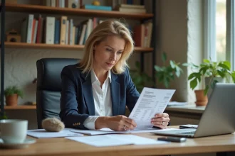 Professeure femme examine fiche de paie à son bureau