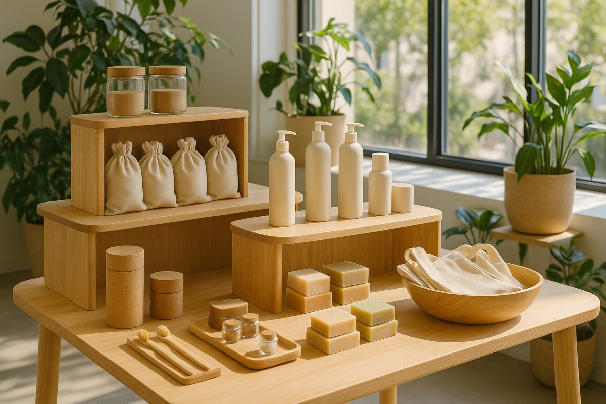 Photo d'une enseigne écologique en bois naturel dans un magasin lumineux