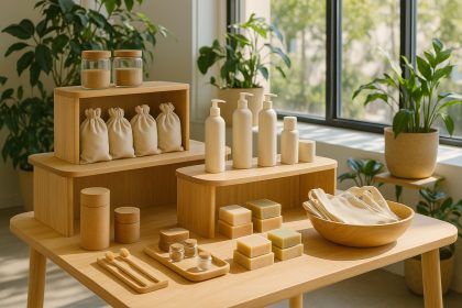 Photo d'une enseigne écologique en bois naturel dans un magasin lumineux