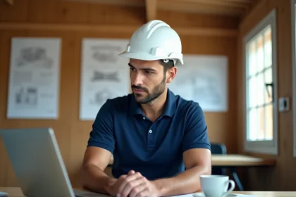 Entrepreneur BTP consultant des documents administratifs sur un ordinateur portable dans un bureau de chantier