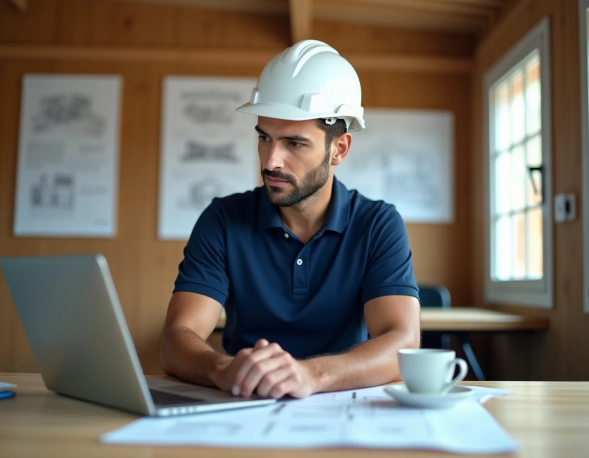 Entrepreneur BTP consultant des documents administratifs sur un ordinateur portable dans un bureau de chantier