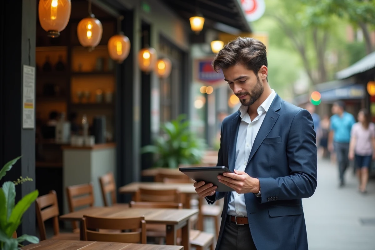 Jeune entrepreneur vérifiant des graphiques SEO devant un café animé