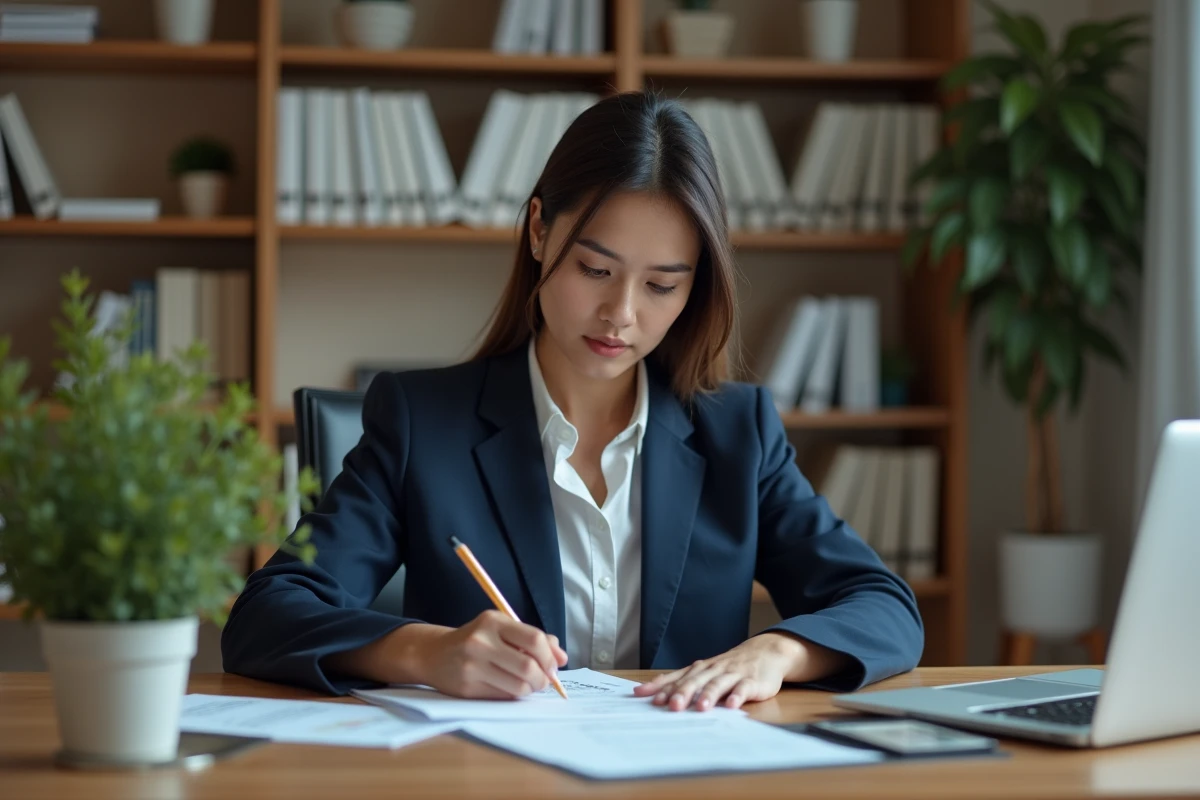 Femme entrepreneur en blazer bleu analysant des documents administratifs liés aux charges sociales Def Acre dans son bureau à domicile