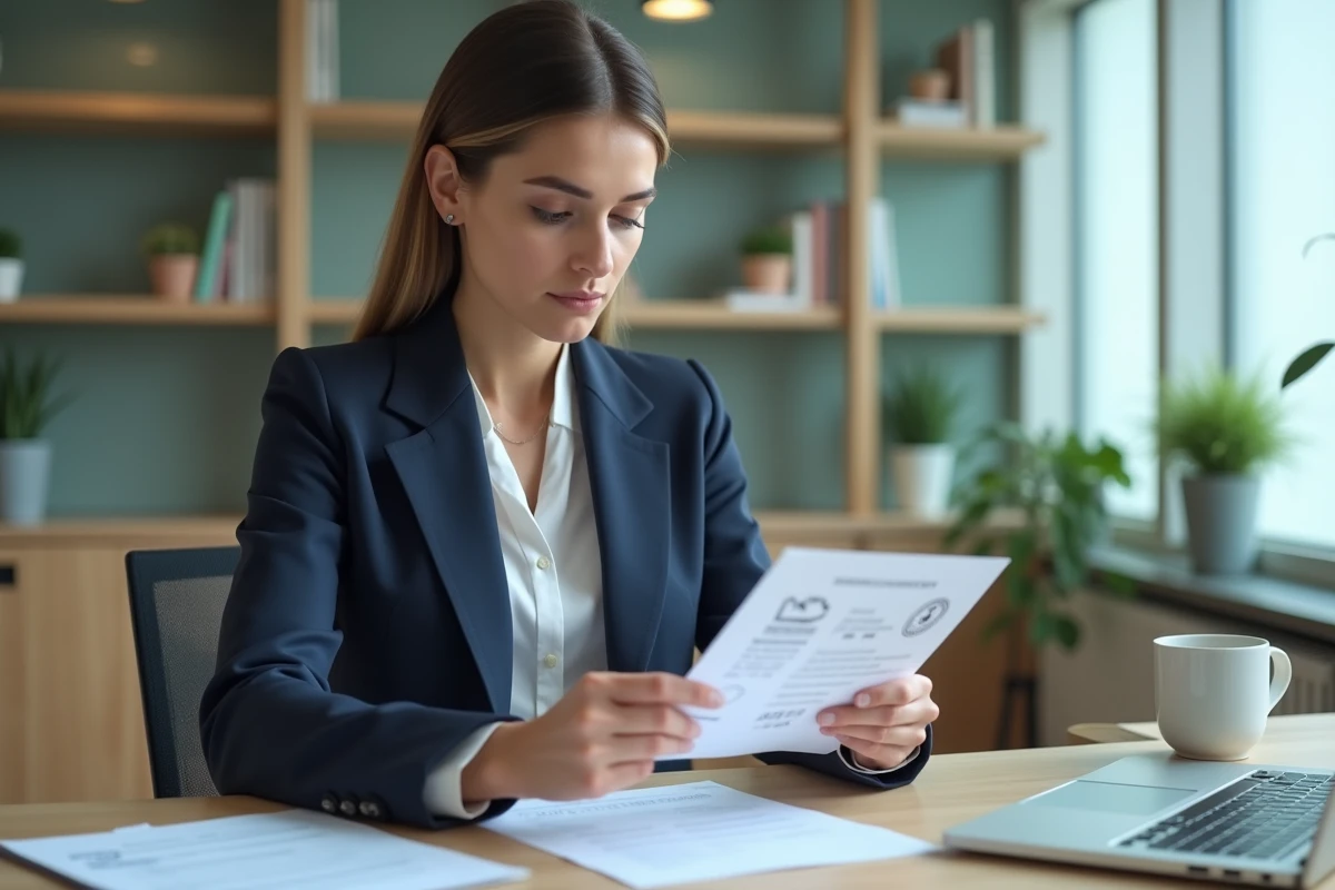 Femme entrepreneur consultant des documents officiels INPI avant le lancement d'un nouveau produit