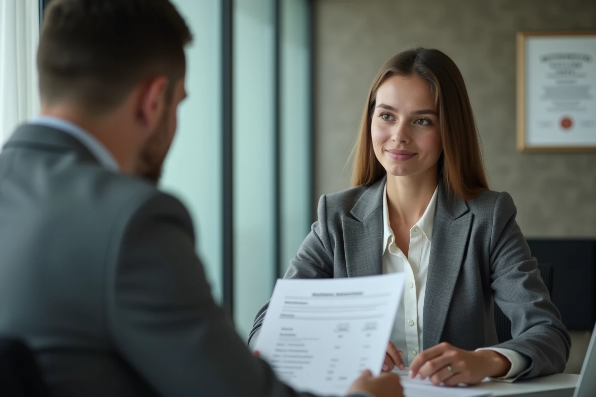 Jeune candidate en entretien d'embauche dans un bureau d'hôtel discutant de salaire et de progression de carrière
