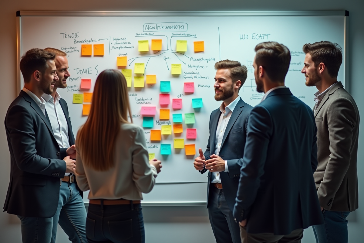 Equipe en brainstorming avec tableau de notes colorées