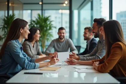 Groupe de collègues doffice échangeant une carte dadieu