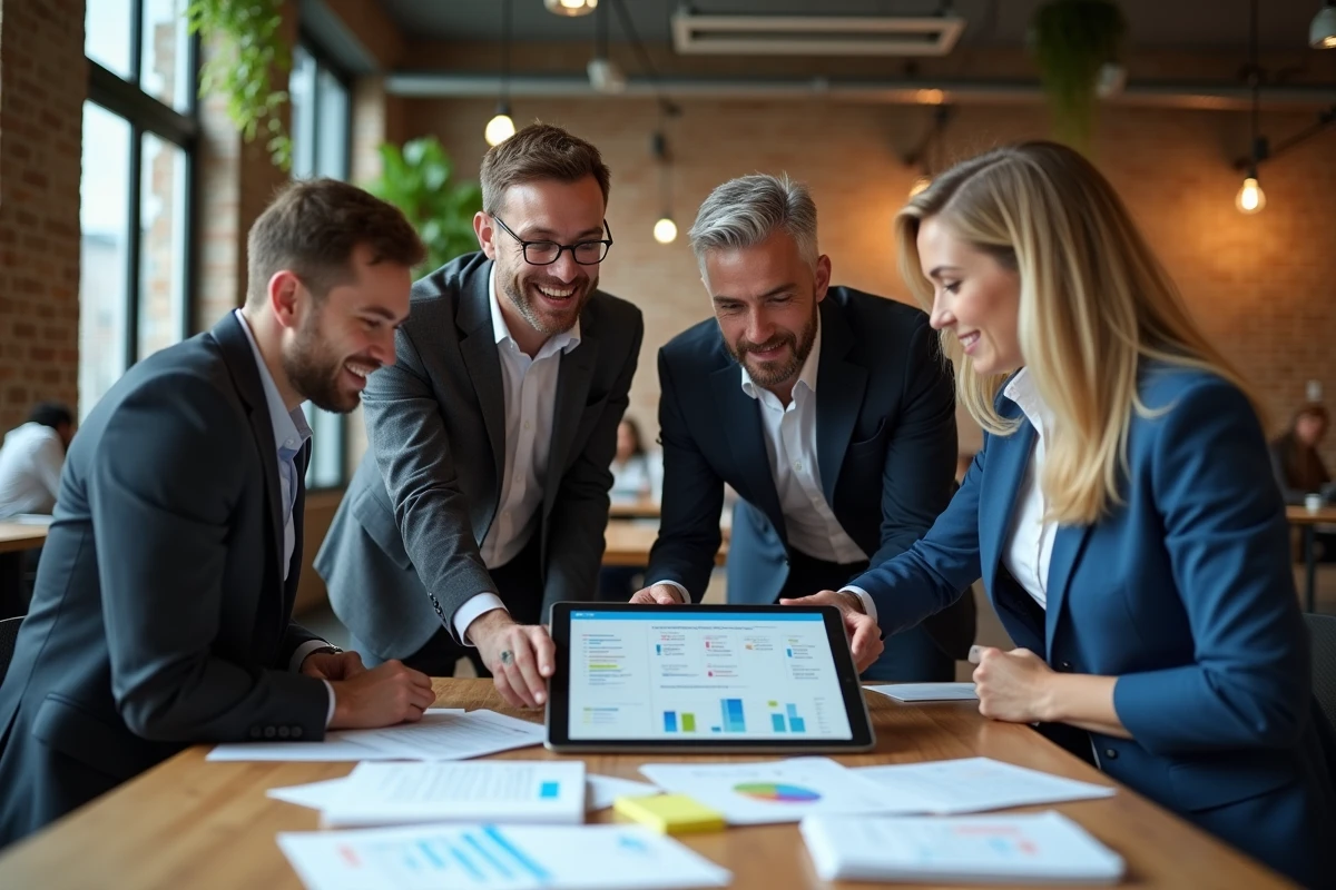 Équipe de professionnels collaborant autour d'une stratégie de transformation organisationnelle dans un bureau moderne en open space