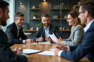 Groupe de professionnels en réunion de travail en bureau moderne