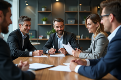 Groupe de professionnels en réunion de travail en bureau moderne