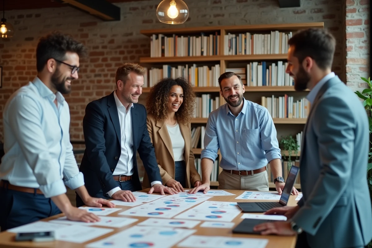 Équipe de consultants américains en management collaborant autour de frameworks stratégiques dans un bureau de style boutique