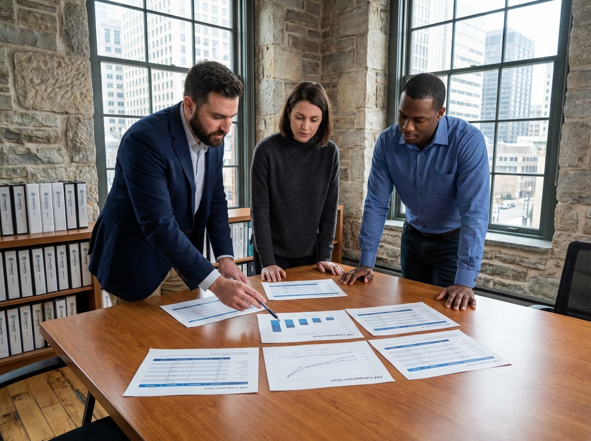 Groupe de professionnels discutant de graphiques ERP