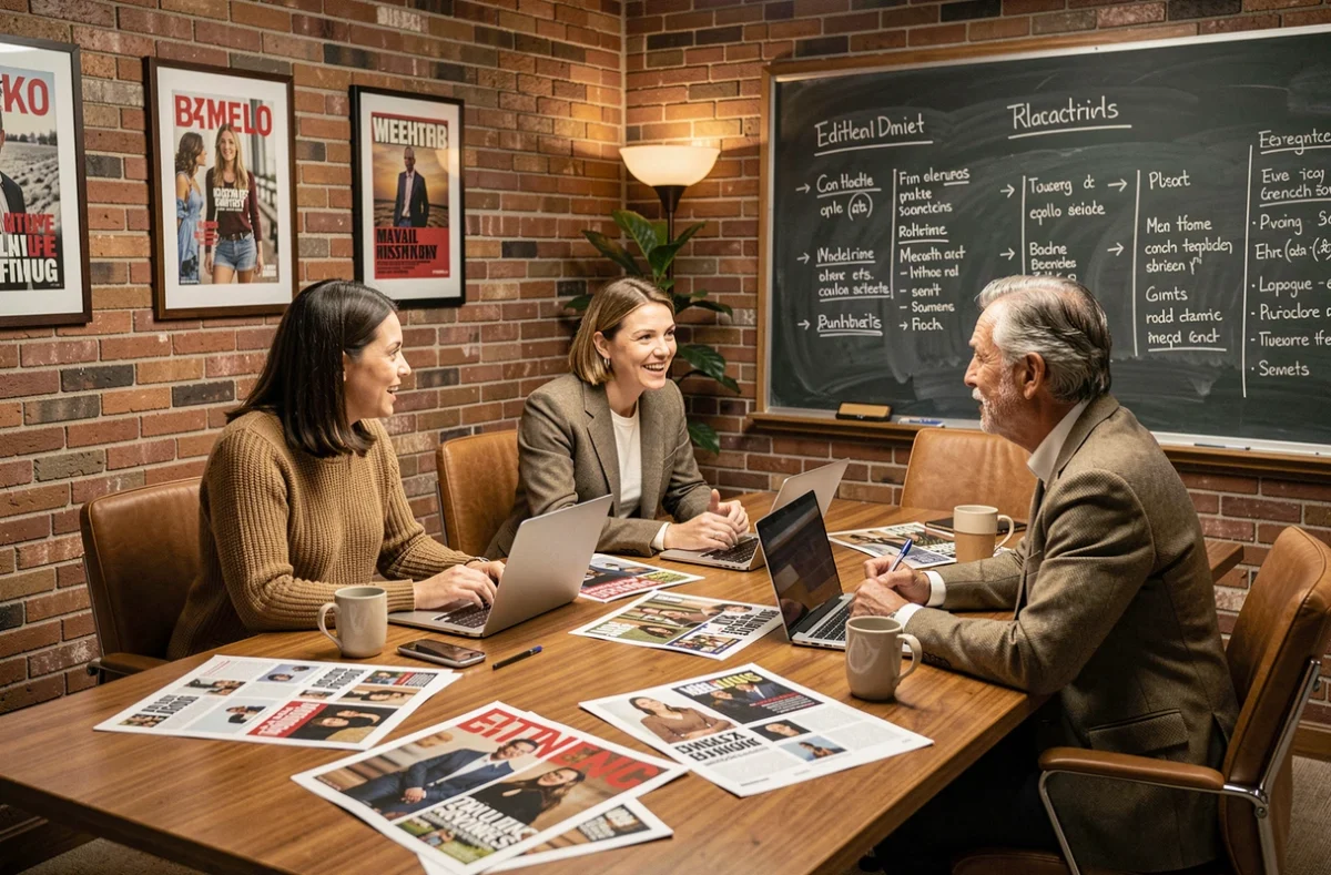 Équipe éditoriale discutant des maquettes d'un magazine de presse business lors d'une réunion de rédaction collaborative