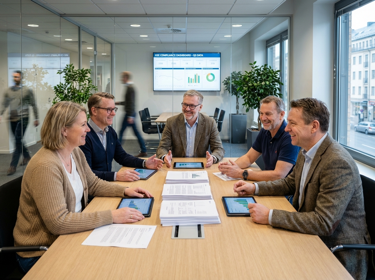 Equipe diverse de professionnels HSE en réunion de travail