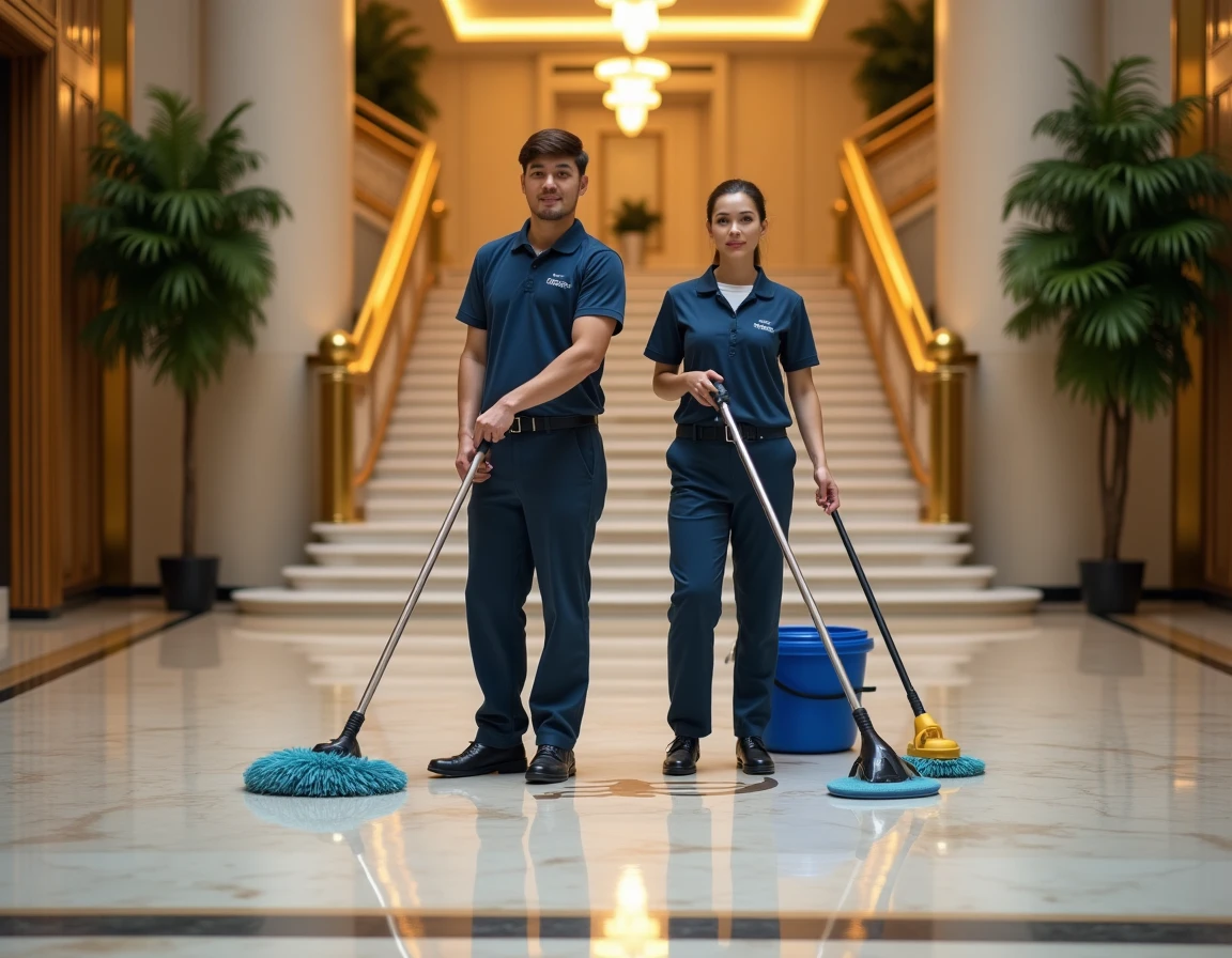 Équipe de nettoyage professionnelle en uniforme utilisant des équipements commerciaux dans le hall d'entrée d'un hôtel de luxe