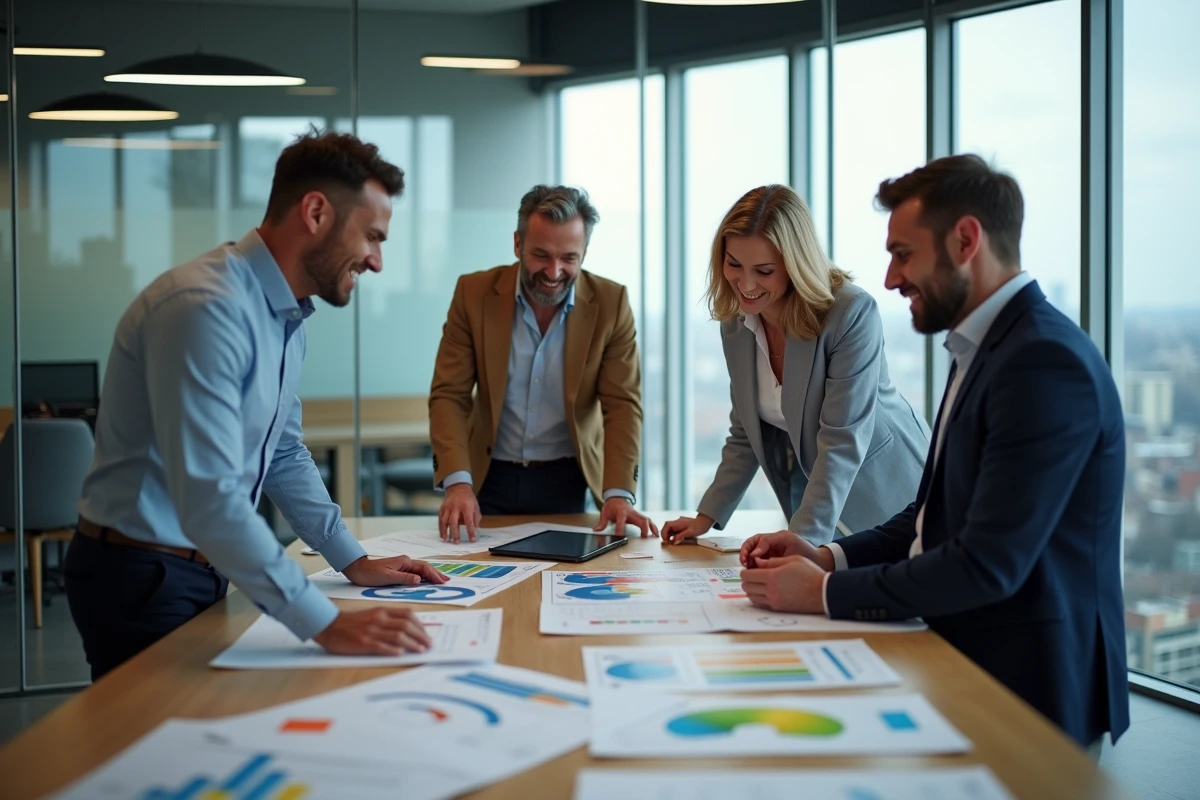Équipe de PME en réunion stratégique dans un espace coworking moderne avec documents et tablette